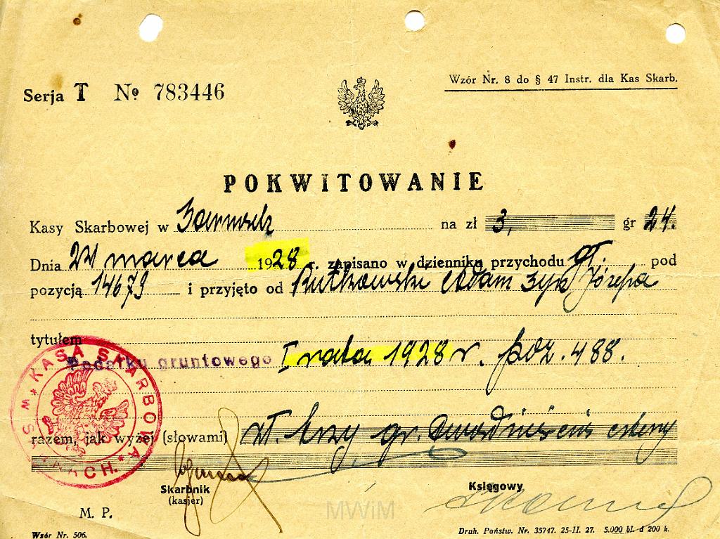 KKE 3525.jpg - Dokument. Adam Rutkowski pokwitowanie zwrotu podatku gruntowego, 1928 r.